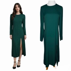 Reformation Forest Green Midi Dress Size 8 Long Sleeve Side Slit Wedding Guest
